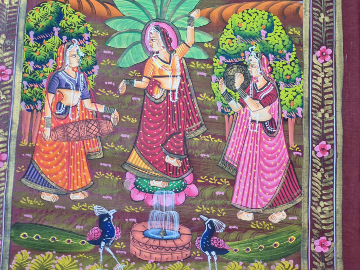 Pintura Rajasthani em seda design de cenário com Krishna e Radha na obra