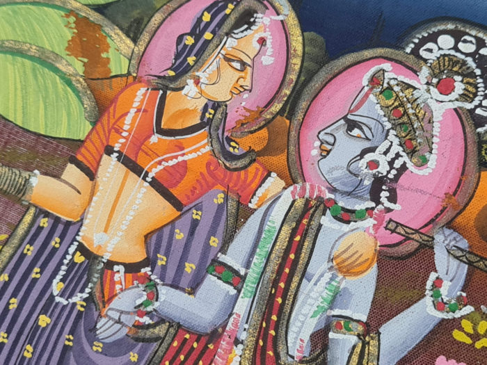Pintura Rajasthani em seda design de cenário com Krishna e Radha na obra