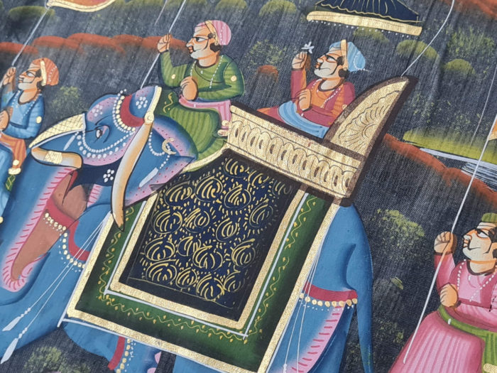 Pintura Rajasthani em seda design de grupo de viajantes com elefantes e cavalos