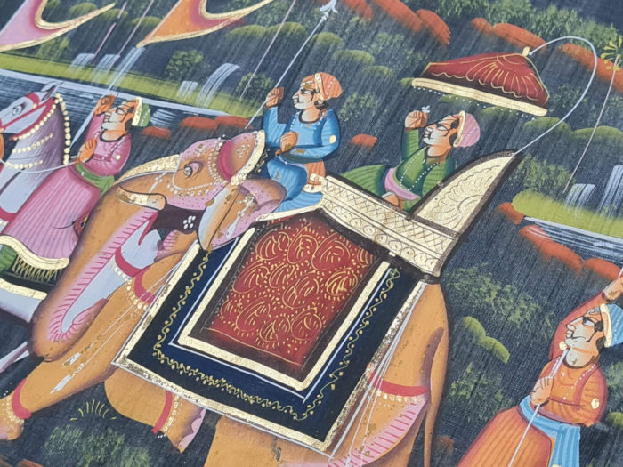 Pintura Rajasthani em seda design de grupo de viajantes com elefantes e cavalos