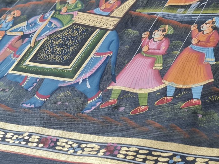 Pintura Rajasthani em seda design de grupo de viajantes com elefantes e cavalos