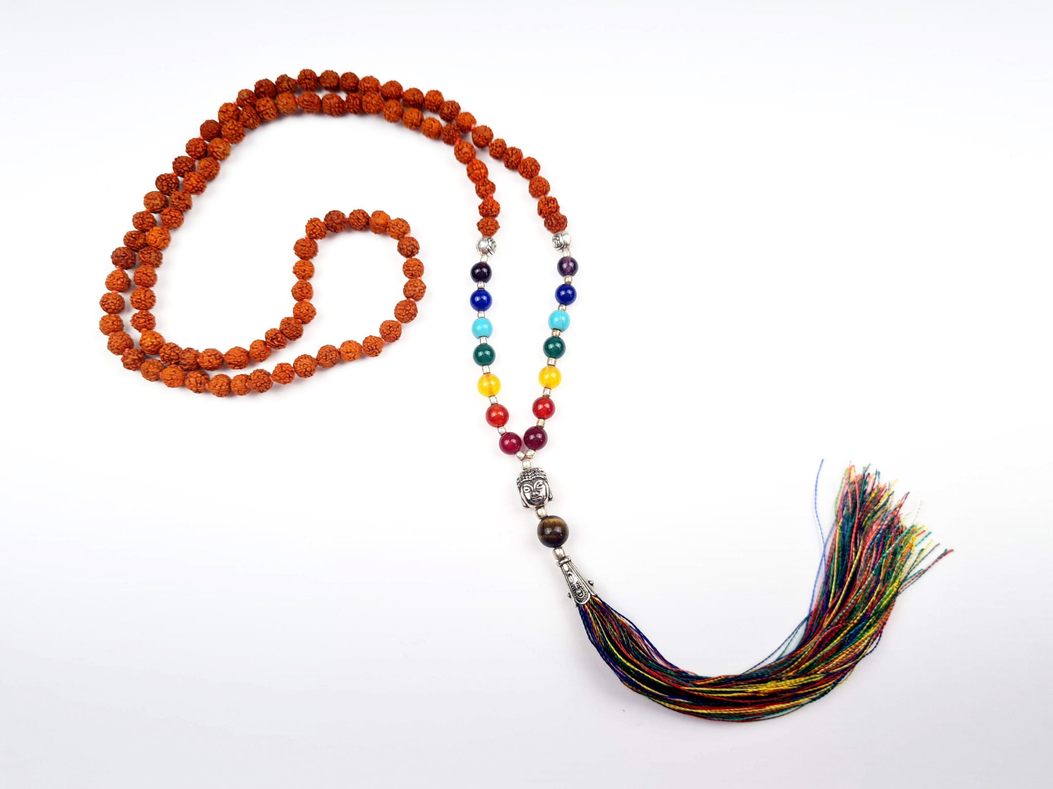 japamala de Rudraksha 6mm com pedras dos chakras e tassel colorido