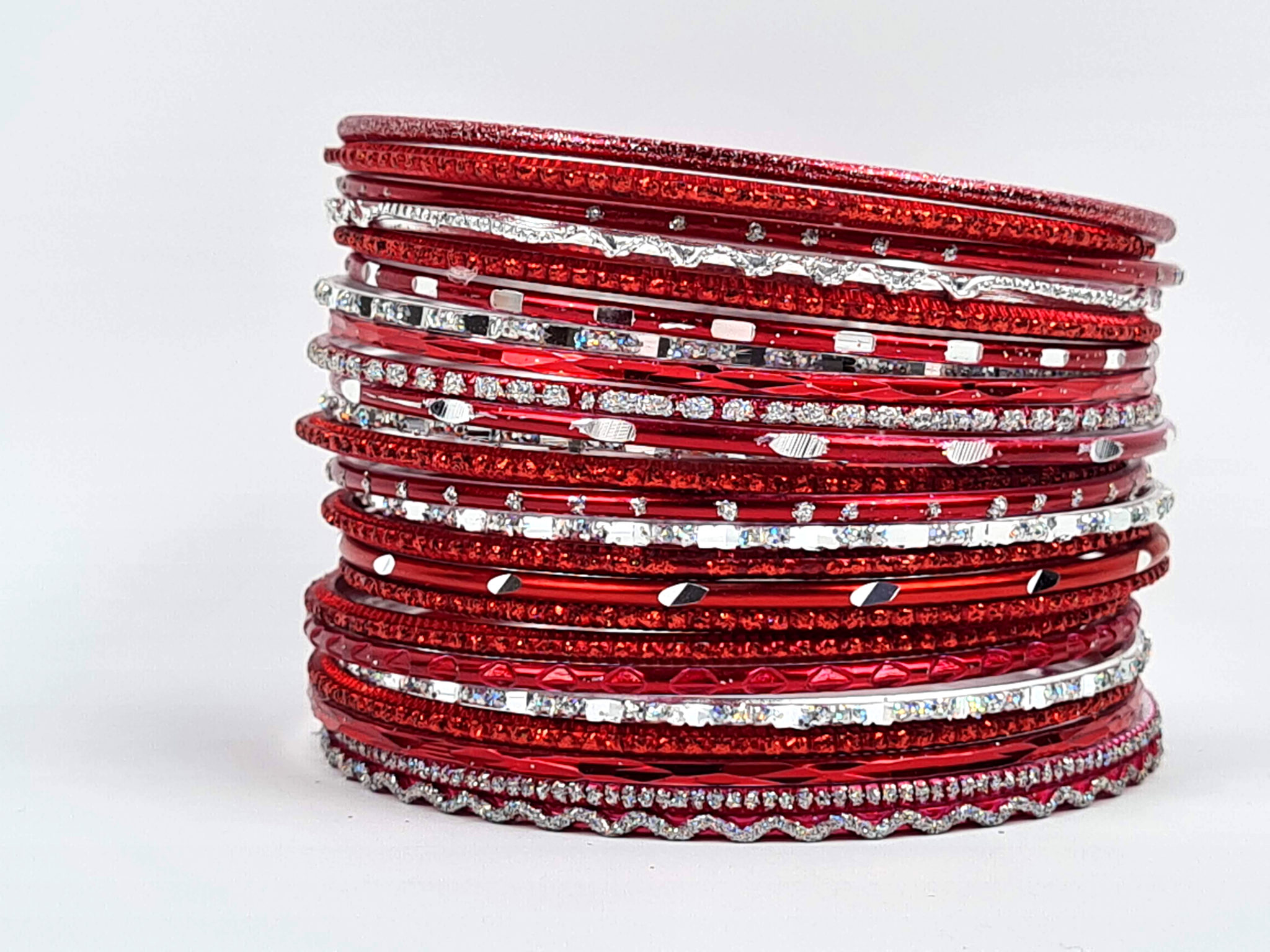 conjunto de pulseiras finas indianas, vermelho e prata, 24 peças