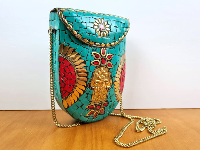 bolsa indiana de metal mosaico de pedras Turquesa