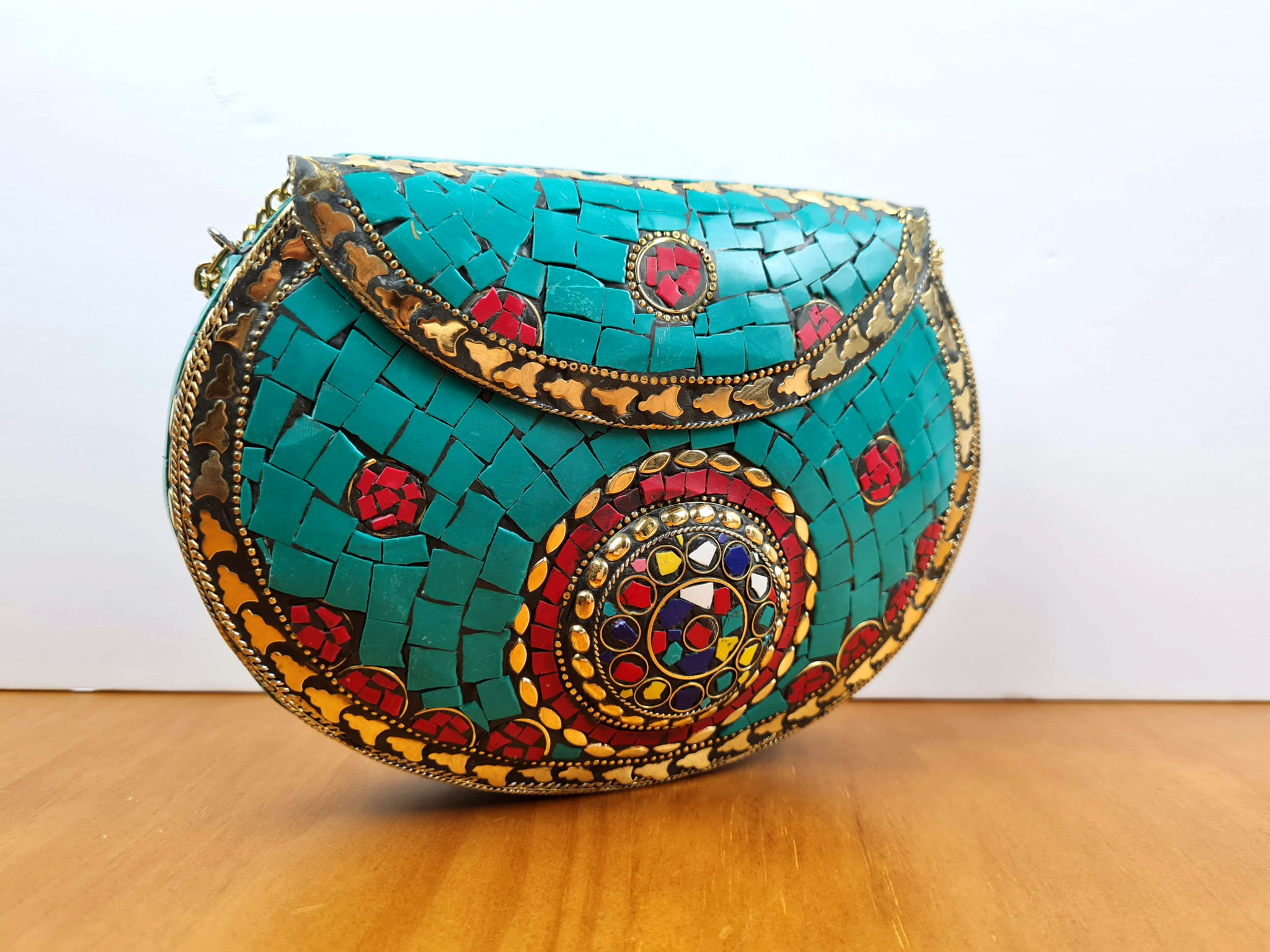 bolsa indiana de metal mosaico de pedras turquesa