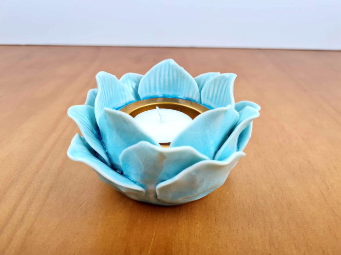 Castiçal de vela Flor de Lótus de porcelana azul