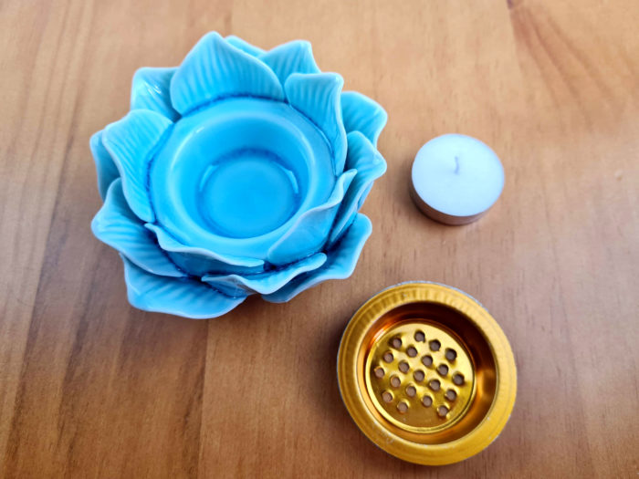 Castiçal de vela Flor de Lótus de porcelana azul