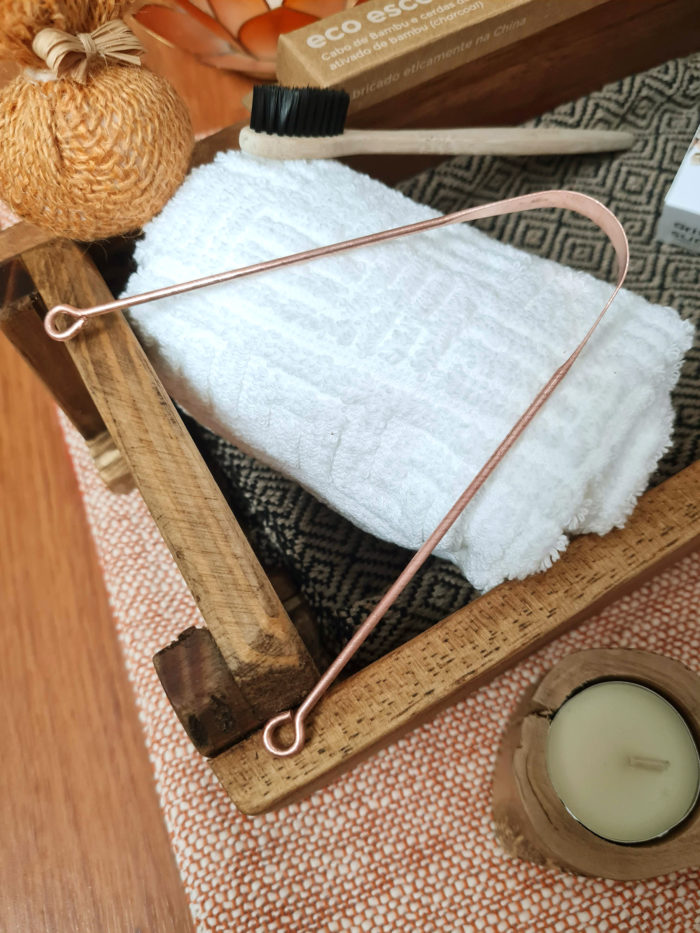 Kit rotina ayurvedica com raspador de língua de cobre
