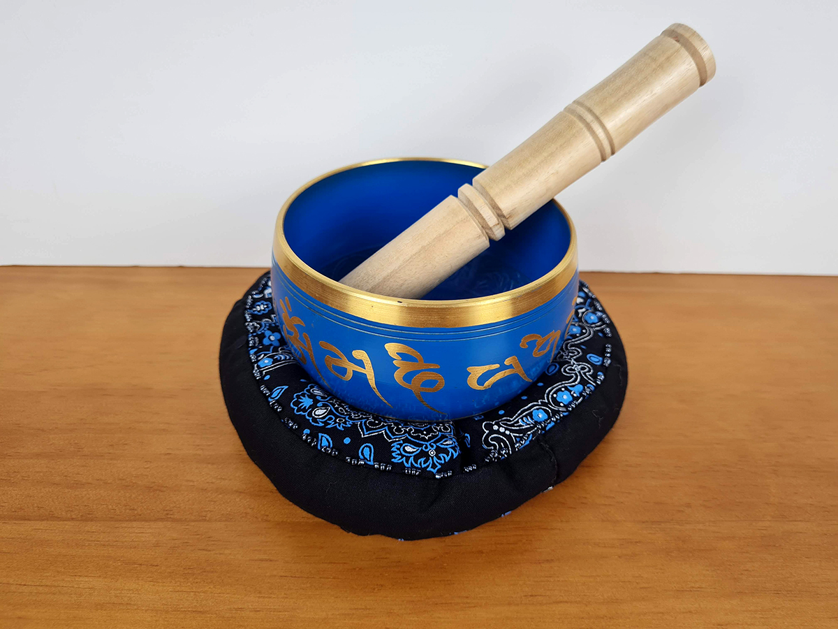 Kit tigela tibetana com almofada e bastão, 7 ligas de metal, azul e dourada