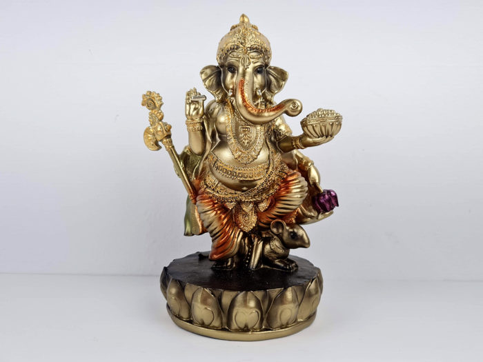 Estátua de Ganesha em pé, resina, 20cm, dourado, fino acabamento