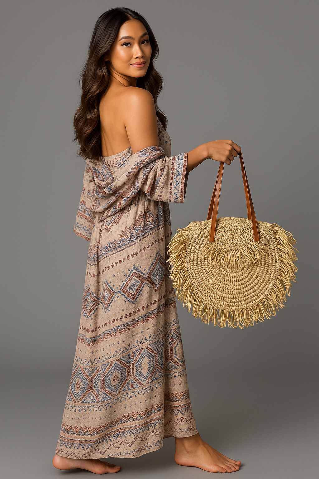 Bolsa artesanal boho chic de palha com franjas