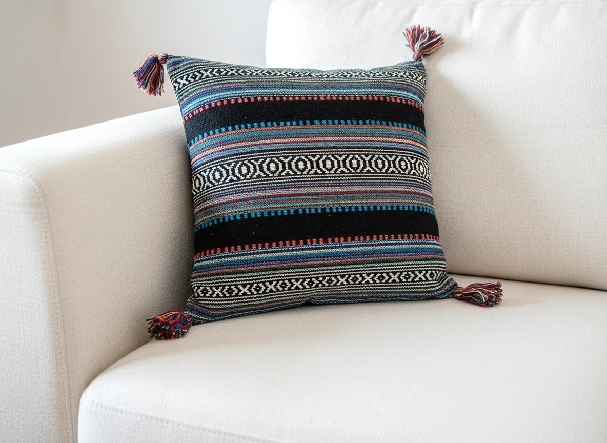 Almofada algodão design étnico color com tassel nas pontas 40cm