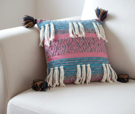 almofada-indiana-franjas-rosa-azul-com-tassel Almofada algodão rosa e azul com tassel nas pontas 40cm
