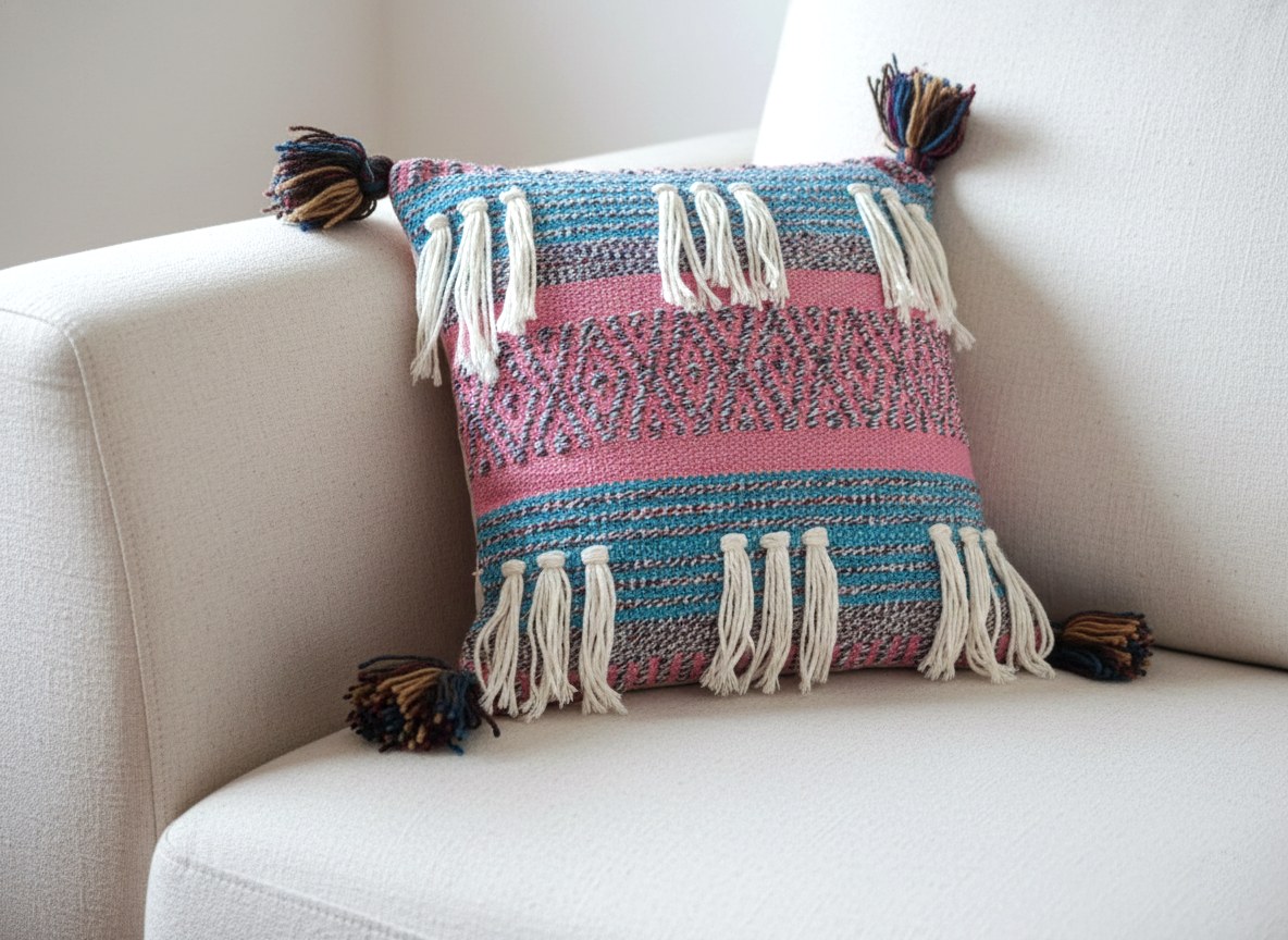 Almofada algodão rosa e azul com tassel nas pontas 40cm