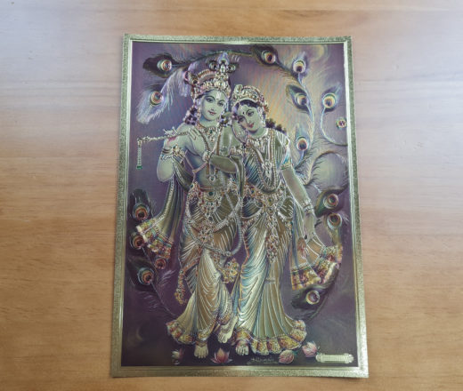 lâmina decorativa de Radha e Krishna, dourada, fabricada na Índia