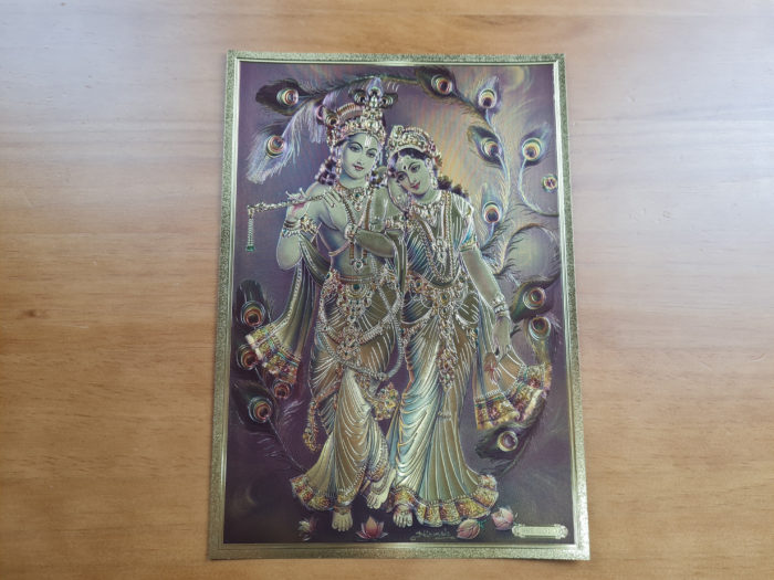lâmina decorativa de Radha e Krishna, dourada, fabricada na Índia