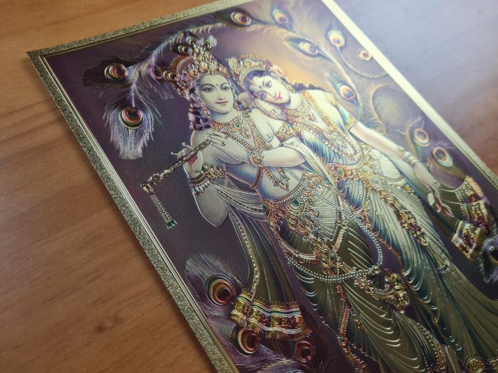 Folha laminada dourada para enquadrar e pendurar Radha e Krishna 30x21 cm