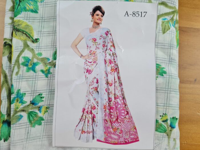 saree indiano viscose verde e branco arabescos florais