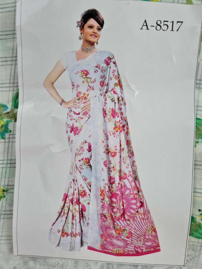 Sari indiano viscose com estampa floral verde e branco