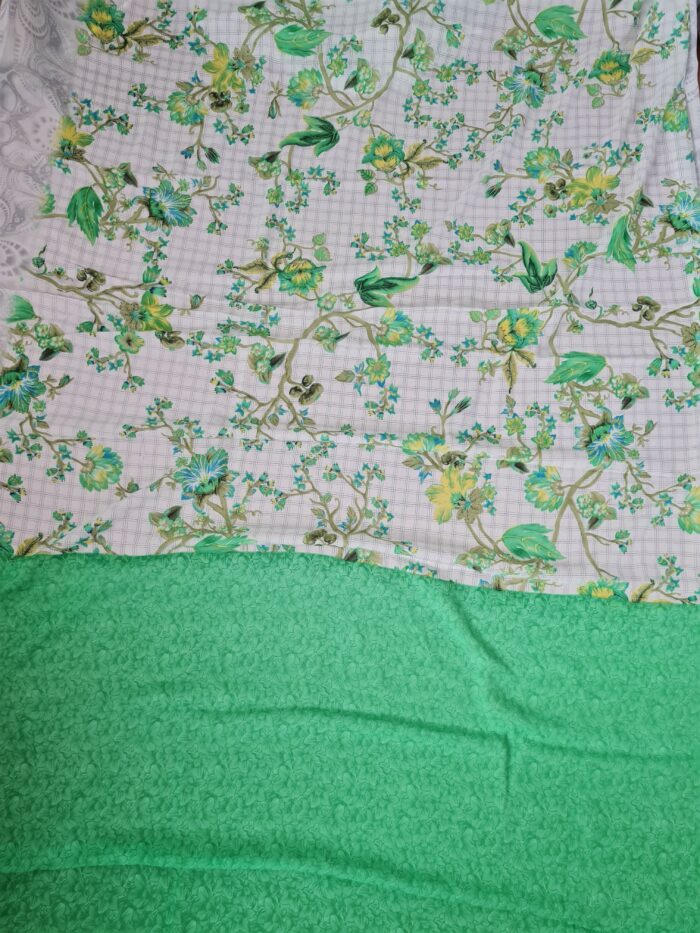 Sari indiano viscose com estampa floral verde e branco