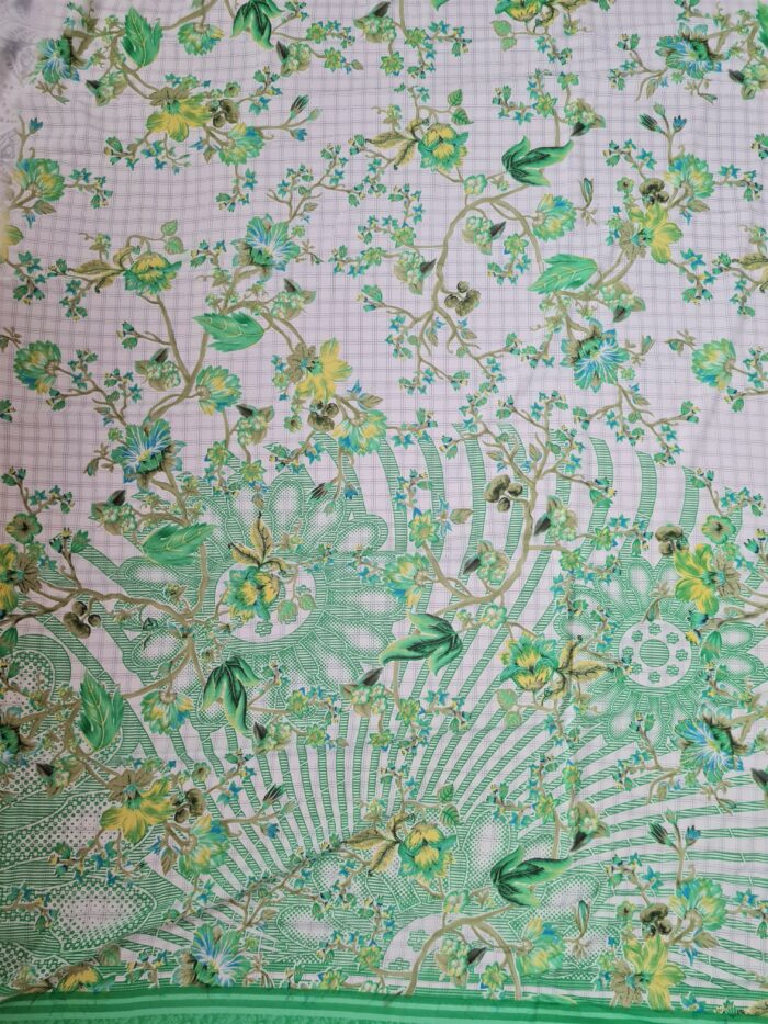Sari indiano viscose com estampa floral verde e branco