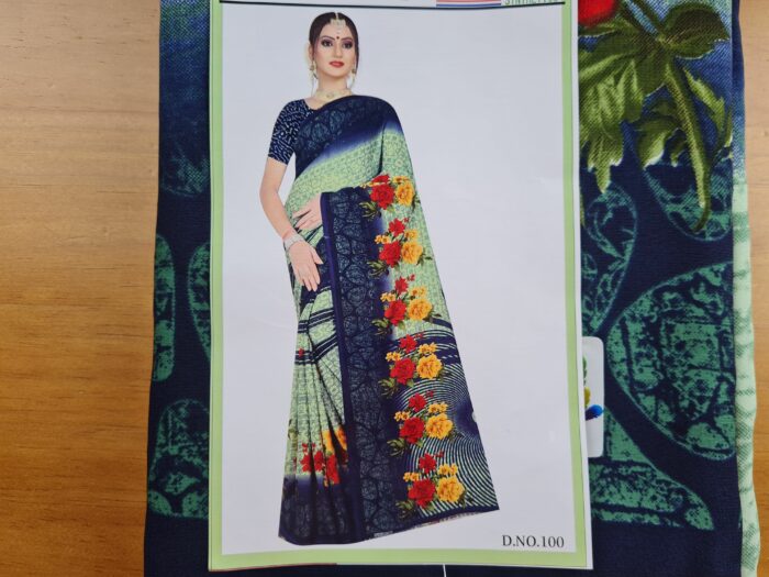 Sari indiano viscose com estampa floral verde e colorido