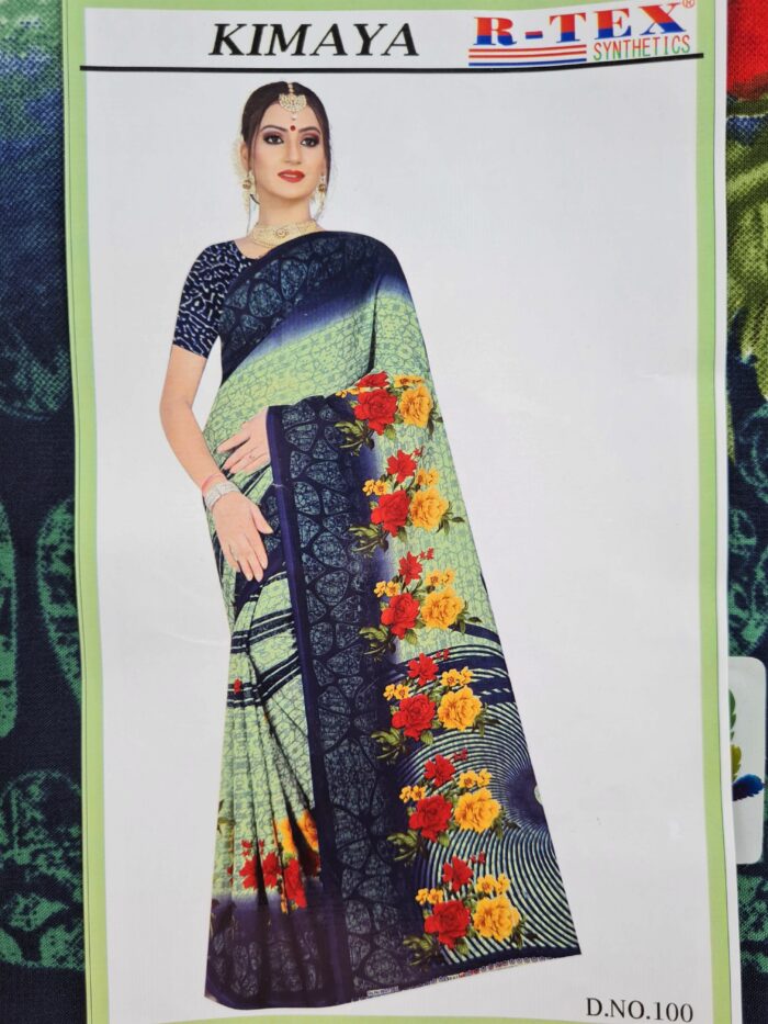 Sari indiano viscose com estampa floral verde e colorido