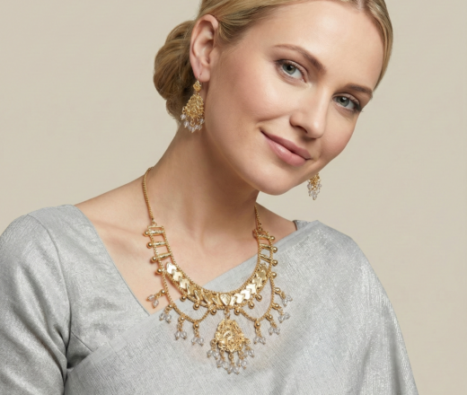 Conjunto de Colar e brincos Design Indo-Moghul dourado e pedras