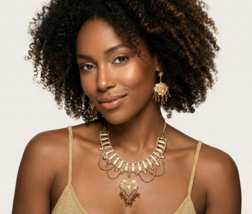 Conjunto de colar e brincos design indo-mughal dourado e pedras âmbar