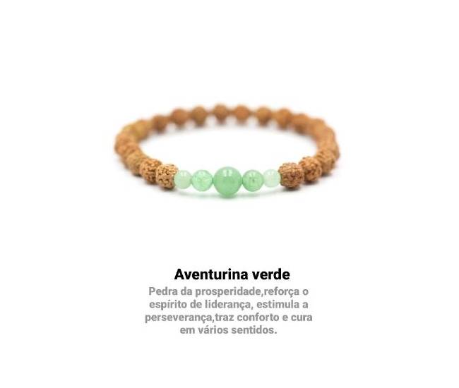pulseira de rudrakshas de Bali com pedras Aventurina verde