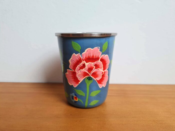 Copo indiano de inox pintado a mão floral azul