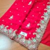 Sari indiano de seda luxuoso para noivas vermelho e dourado bordado