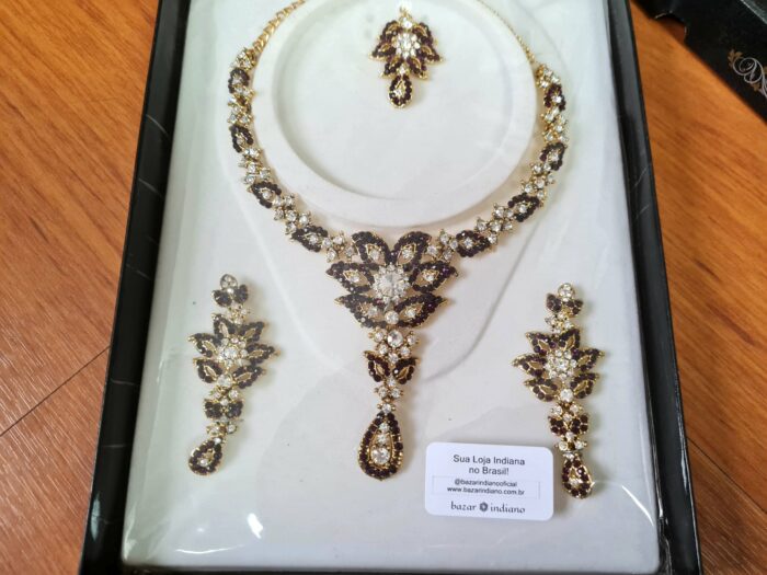 Conjunto completo de semi joia clássica indiana floral rubi strass