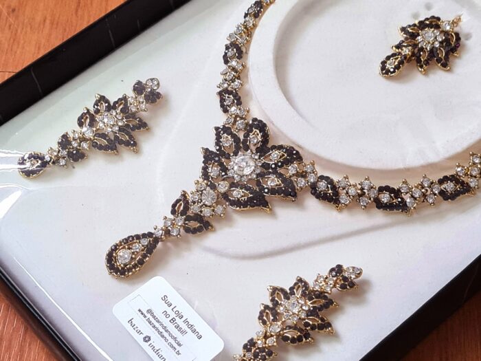 Conjunto completo de semi joia clássica indiana floral rubi strass