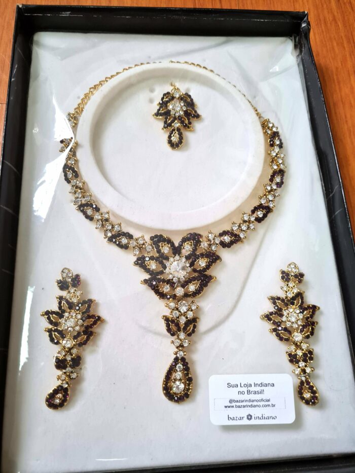 Conjunto completo de semi joia clássica indiana floral rubi strass