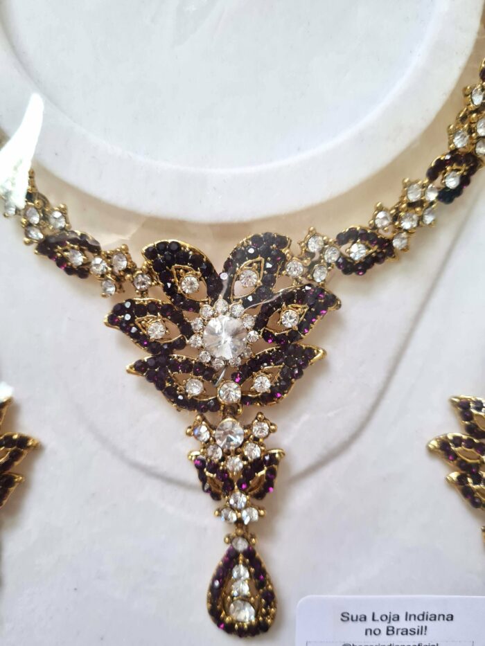 Conjunto completo de semi joia clássica indiana floral rubi strass