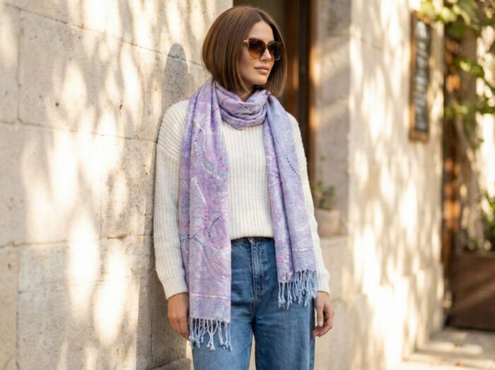 Manta de lã indiana bordada a mão dupla face lilás