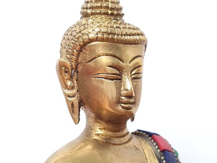 Estátua de Buda metal brass com pedras naturais embutidas 17 cm