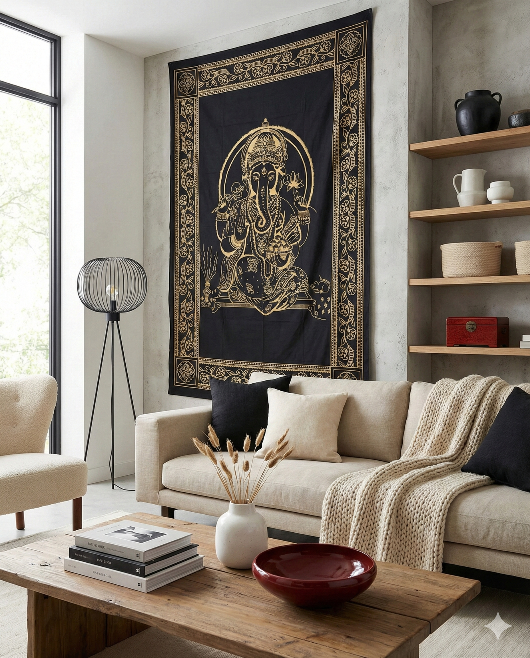 Colcha indiana ou painel de tecido decorativo, de algodão, com imagem do Deus hindú Ganesha. Coleção Gold Black. 215cmx140cm