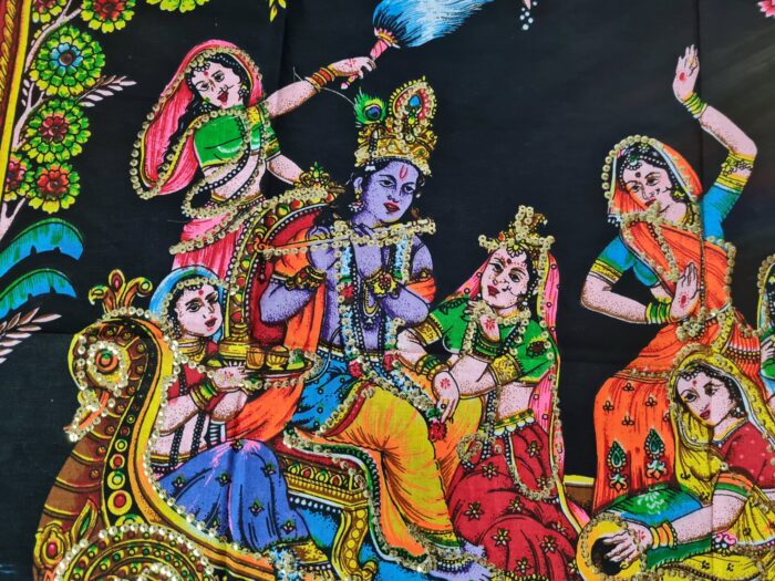 Painel grande clássico de deidade hindu Krishna com as Gopis em barca