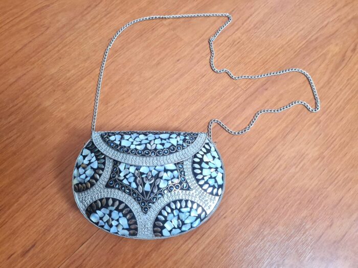 bolsa de mosaico de pedras indiana, feita de metal revestido de pedrarias, madrepérolas