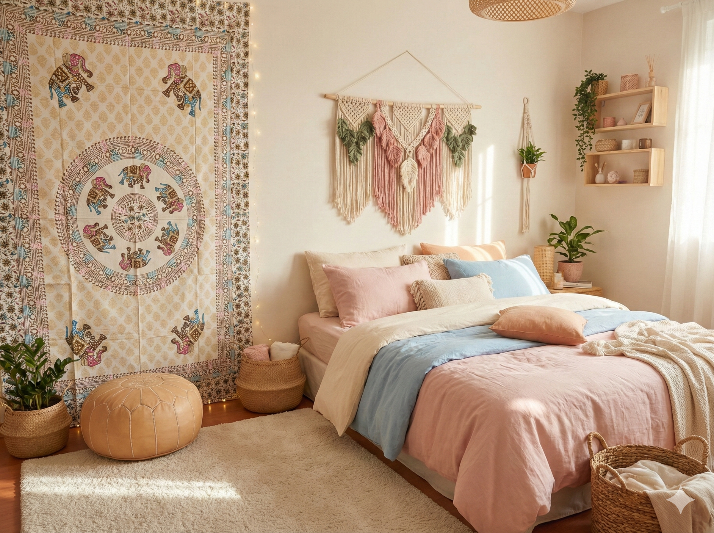 Panô indiano de algodão estampa de mandala e elefantes candy color 2,10m