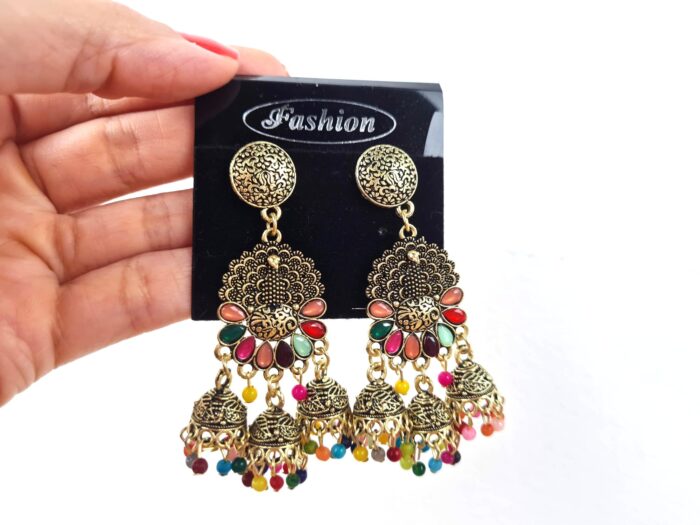 brinco indiano design pavão dourado com pedras coloridas