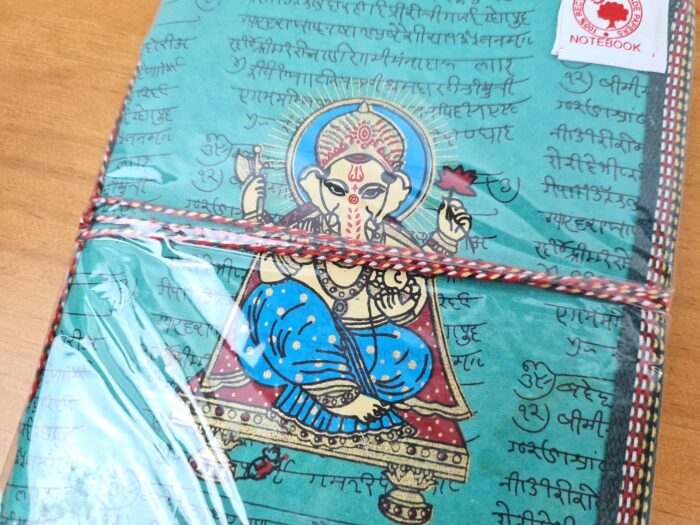Caderno artesanal indiano estampa de Ganesha 20x15cm turquesa