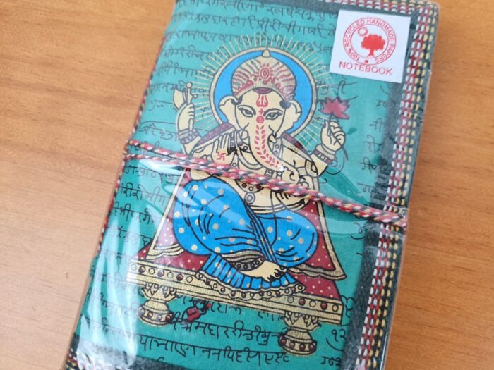 Caderno artesanal indiano estampa de Ganesha 13x8cm turquesa