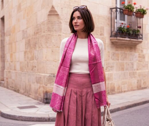 Pashimina indiana de cashmere estampa paisleys tons de bege e fúcsia