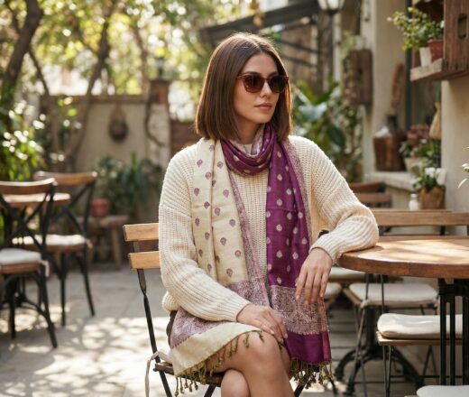 Echarpe indiana algodão com viscose dupla face estampa de arabescos uva e bege