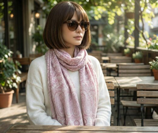 Echarpe indiana algodão com viscose dupla face estampa de arabescos rosa e offwhite