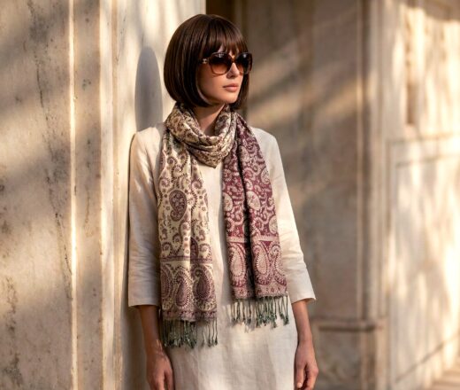 Echarpe indiana algodão com viscose dupla face estampa de arabescos bordô e bege