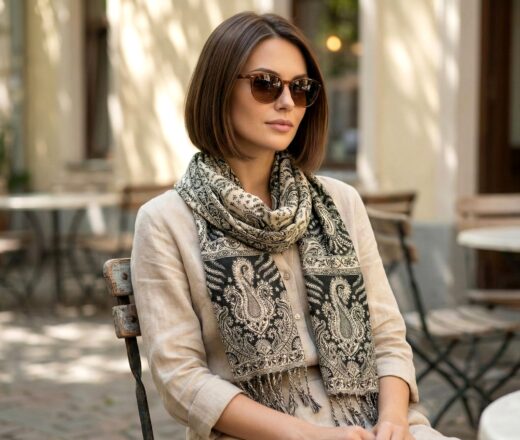 Echarpe indiana algodão com viscose dupla face estampa de arabescos preto e bege